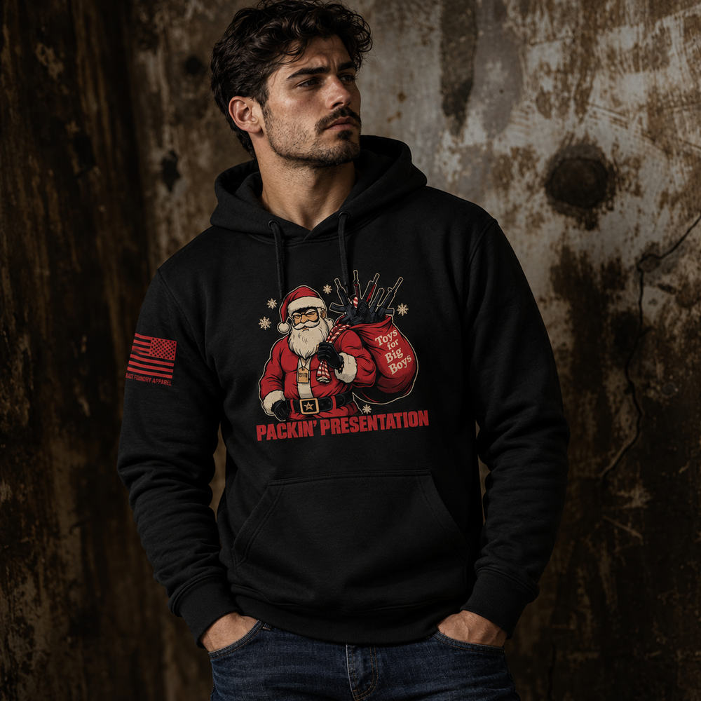 Packin_ Presentation Hoodie Black front design lifestyle creative