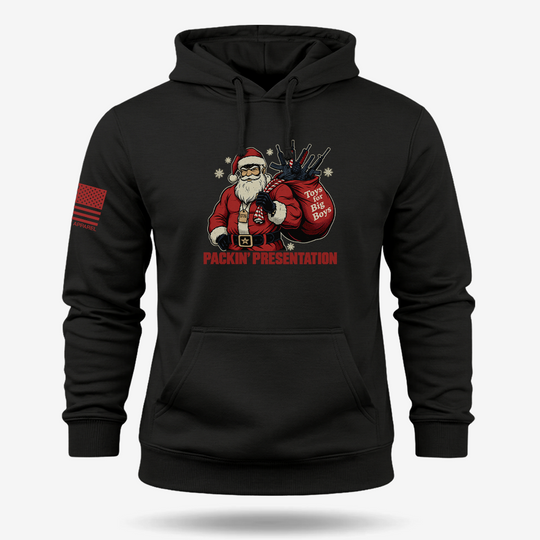 Packin_ Presentation Hoodie Black main printed design mockup