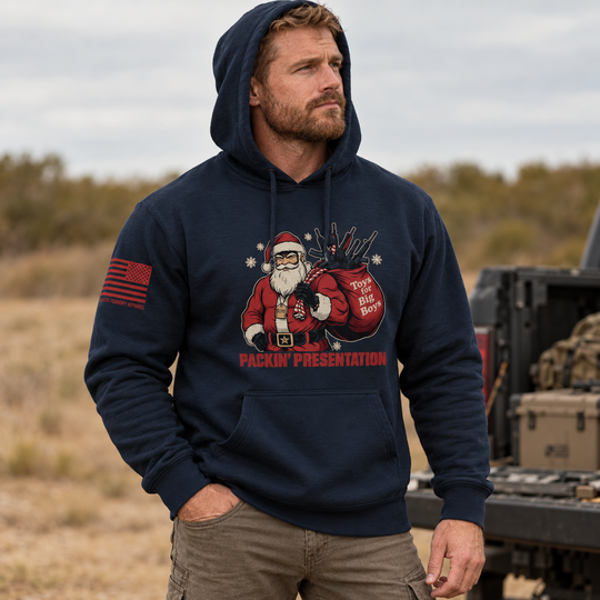 Packin_ Presentation Hoodie Navy front design lifestyle creative