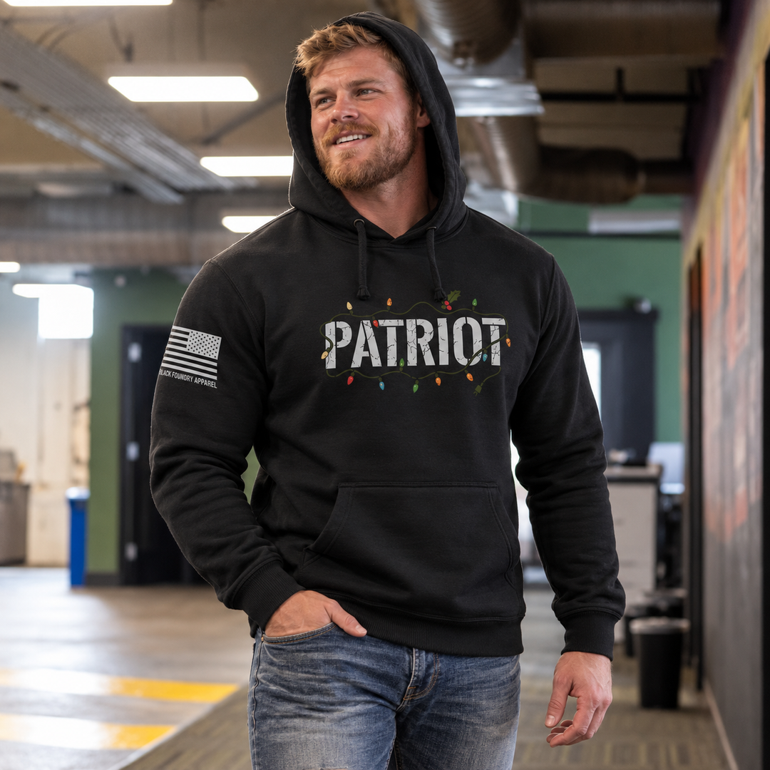 Patriot X Mas Hoodie Black front design lifestyle creative