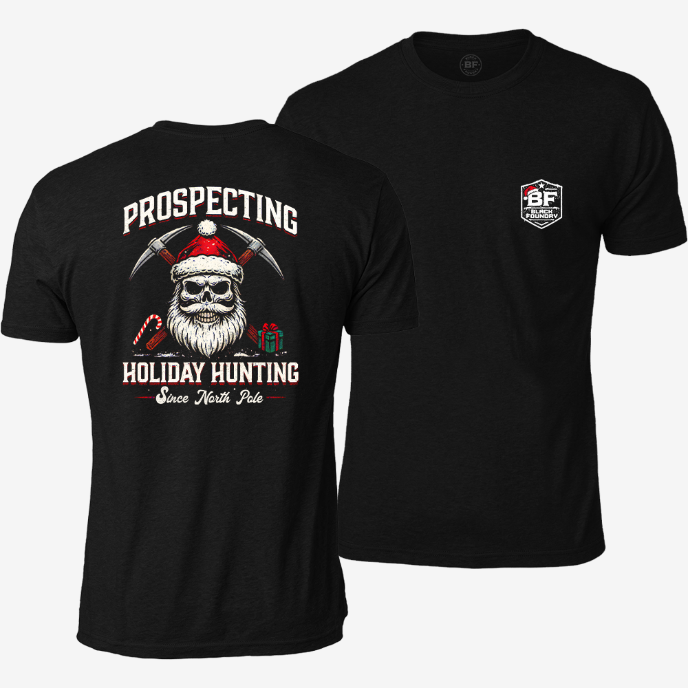 Prospecting Santa T-shirt Black front and back mockup