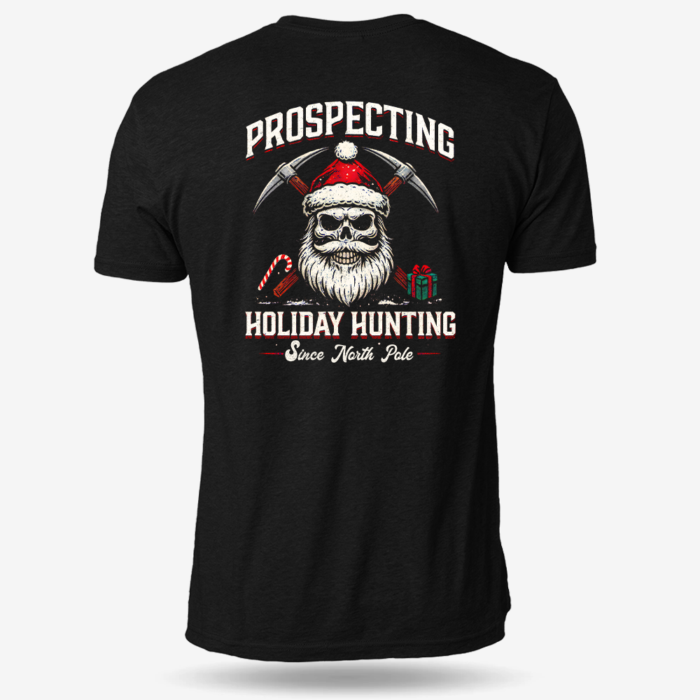 Prospecting Santa T-shirt Black main printed design mockup