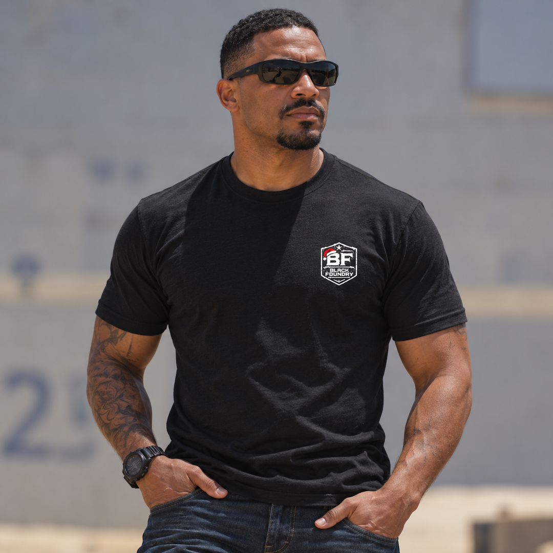 Prospecting Santa T-shirt Black front logo lifestyle creative