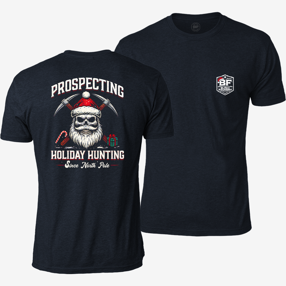 Prospecting Santa T-shirt Heather Navy front and back mockup