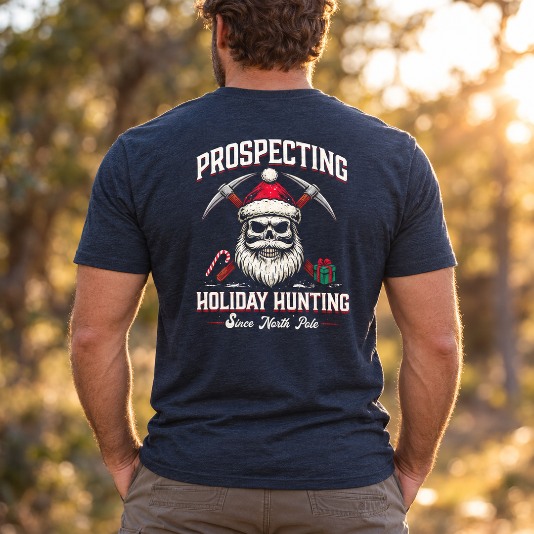Prospecting Santa T-shirt Heather Navy back design lifestyle creative