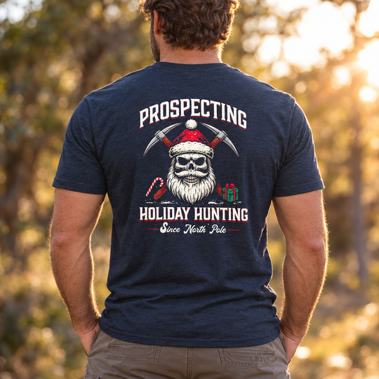 Prospecting Santa T-shirt Heather Navy back design lifestyle creative