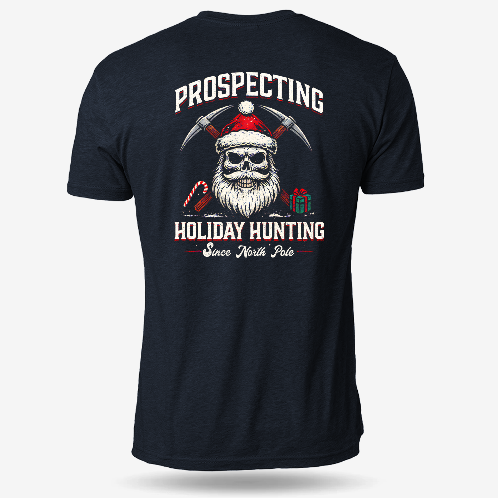 Prospecting Santa T-shirt Heather Navy main printed design mockup