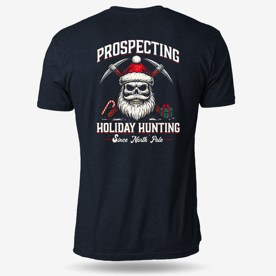 Prospecting Santa T-shirt Heather Navy main printed design mockup
