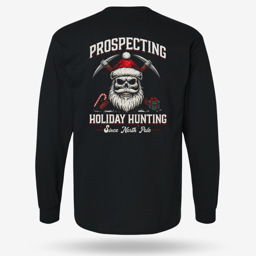 Prospecting Santa Long Sleeve Black main printed design mockup