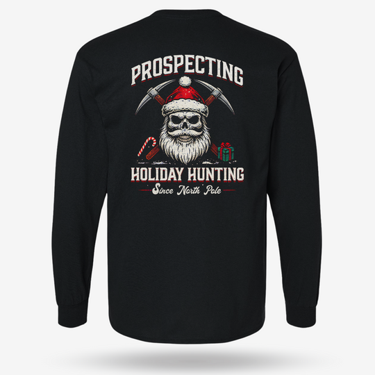 Prospecting Santa Long Sleeve Black main printed design mockup
