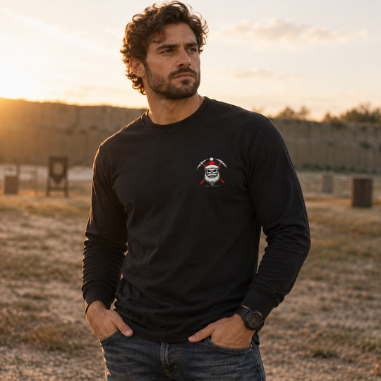 Prospecting Santa Long Sleeve Black front logo lifestyle creative