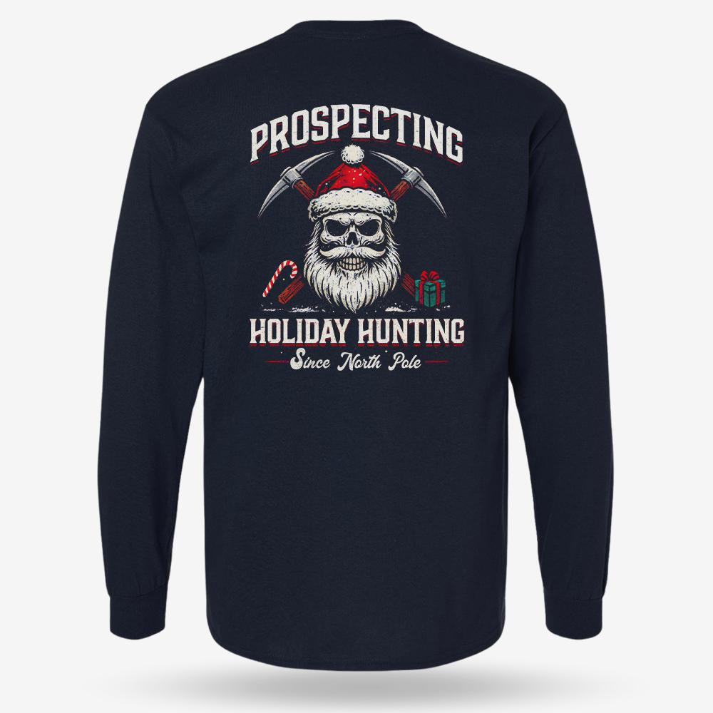 Prospecting Santa Long Sleeve Navy main printed design mockup