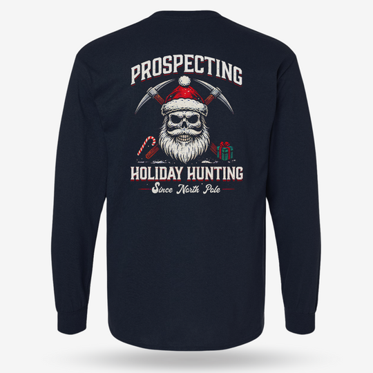 Prospecting Santa Long Sleeve Navy main printed design mockup