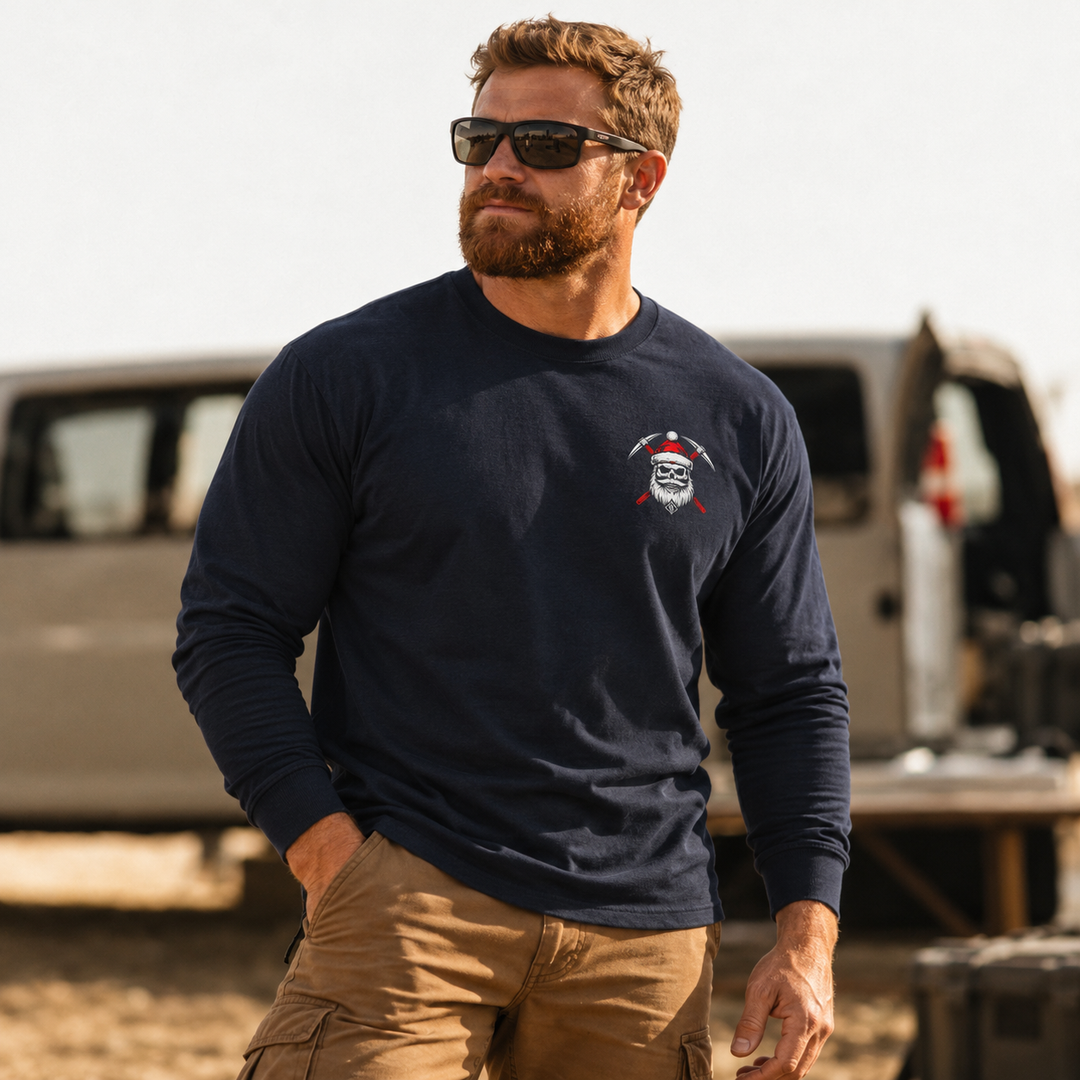 Prospecting Santa Long Sleeve Navy front logo lifestyle creative