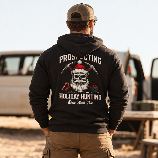 Prospecting Santa Hoodie Black back design lifestyle creative