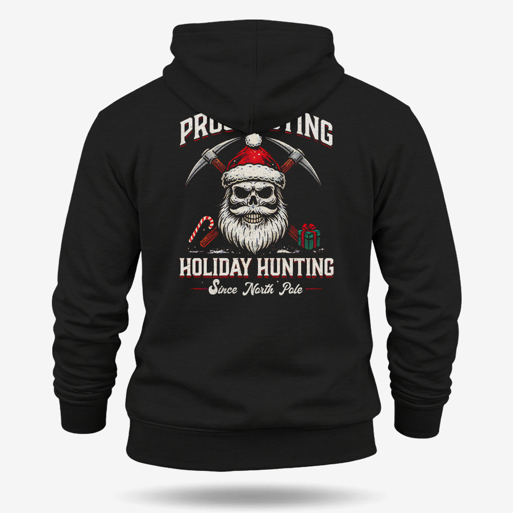 Prospecting Santa Hoodie Black main printed design mockup