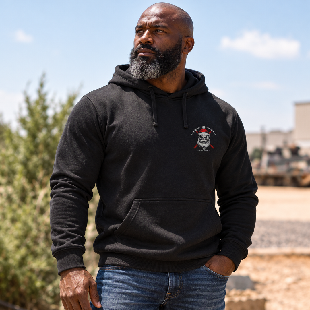 Prospecting Santa Hoodie Black front logo lifestyle creative