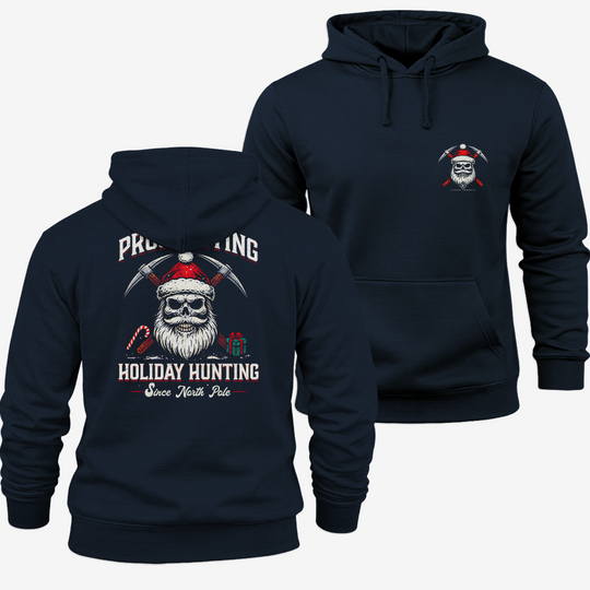Prospecting Santa Hoodie Navy front and back mockup