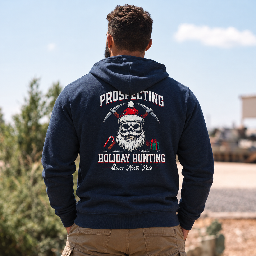 Prospecting Santa Hoodie Navy back design lifestyle creative
