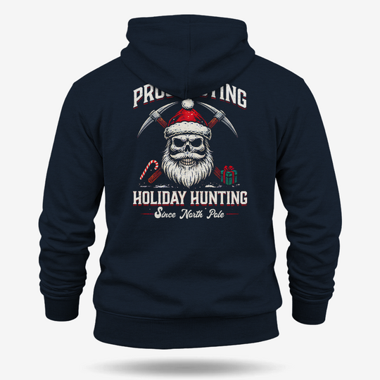 Prospecting Santa Hoodie Navy main printed design mockup