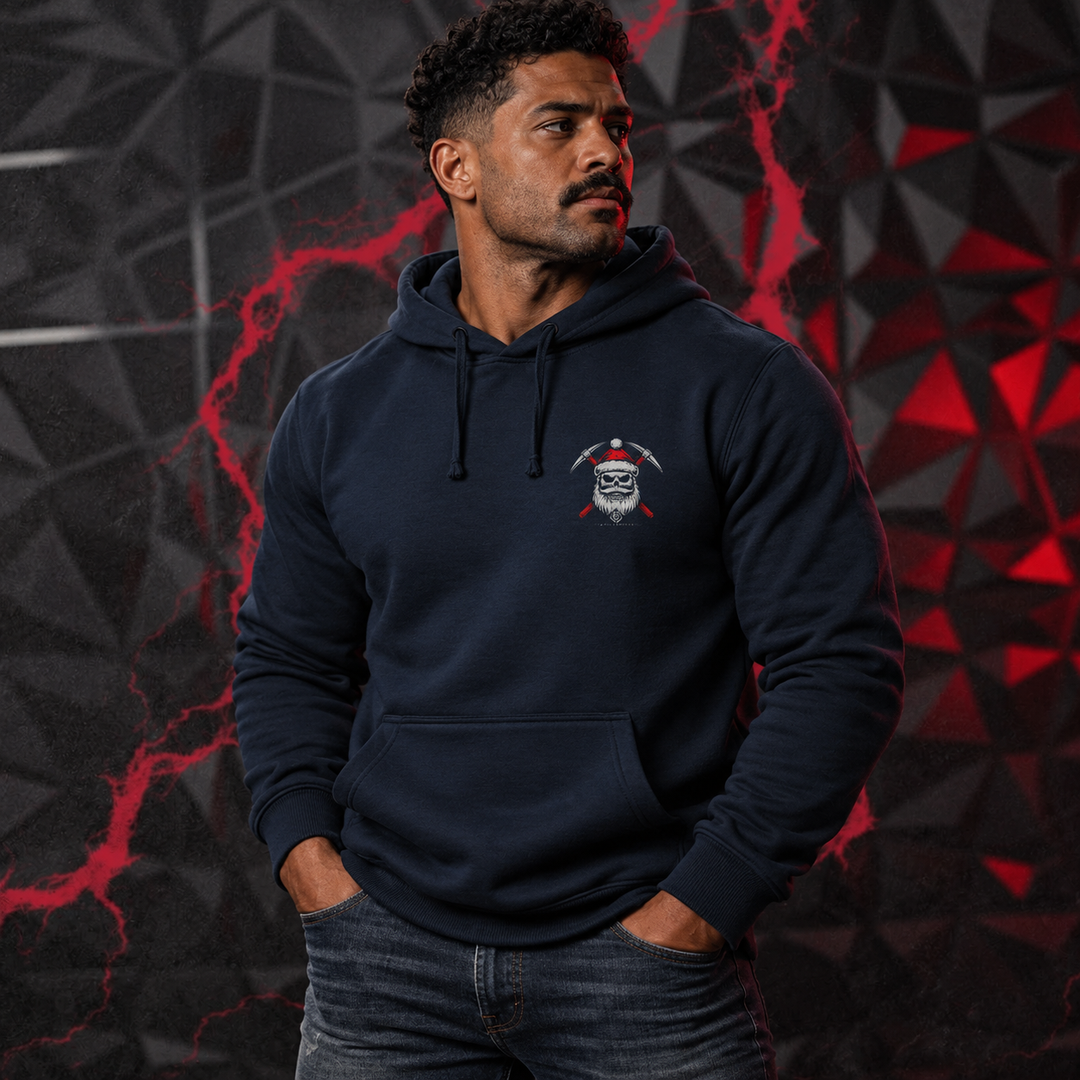 Prospecting Santa Hoodie Navy front logo lifestyle creative