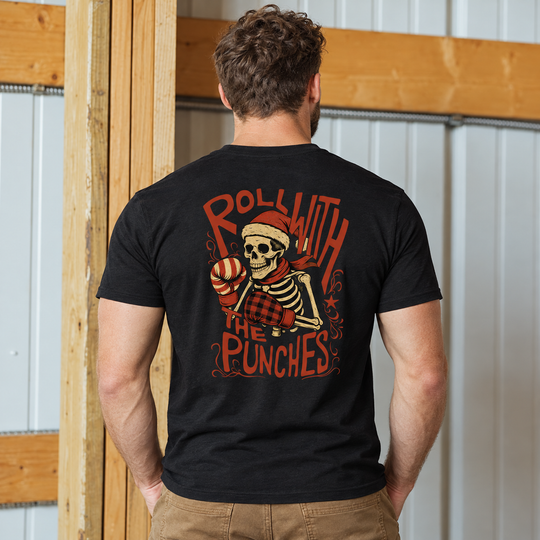 Roll With The Holiday Punches T-shirt Black back design lifestyle creative
