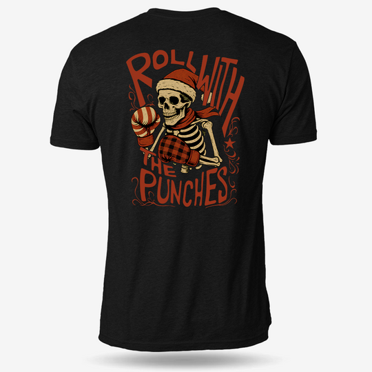 Roll With The Holiday Punches T-shirt Black main printed design mockup