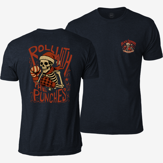 Roll With The Holiday Punches T-shirt Heather Navy front and back mockup