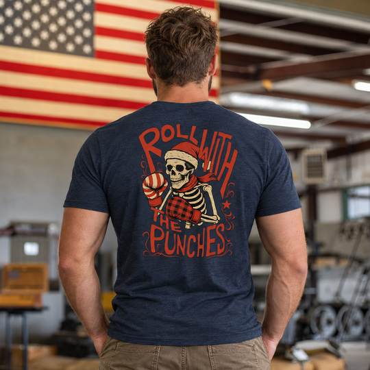 Roll With The Holiday Punches T-shirt Heather Navy back design lifestyle creative