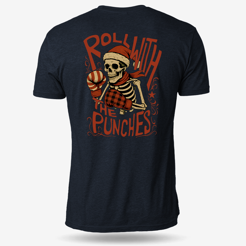 Roll With The Holiday Punches T-shirt Heather Navy main printed design mockup