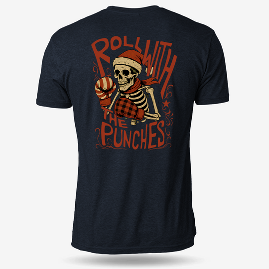Roll With The Holiday Punches T-shirt Heather Navy main printed design mockup