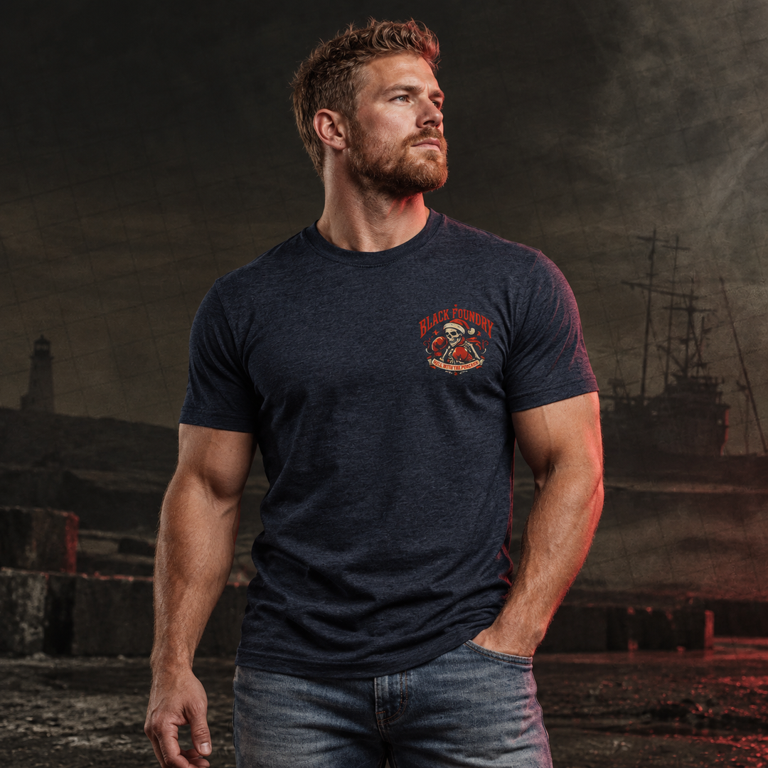 Roll With The Holiday Punches T-shirt Heather Navy front logo lifestyle creative