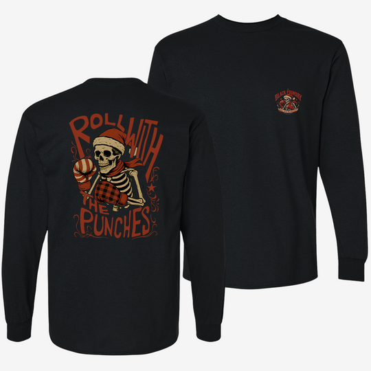 Roll With The Holiday Punches Long Sleeve Black front and back mockup
