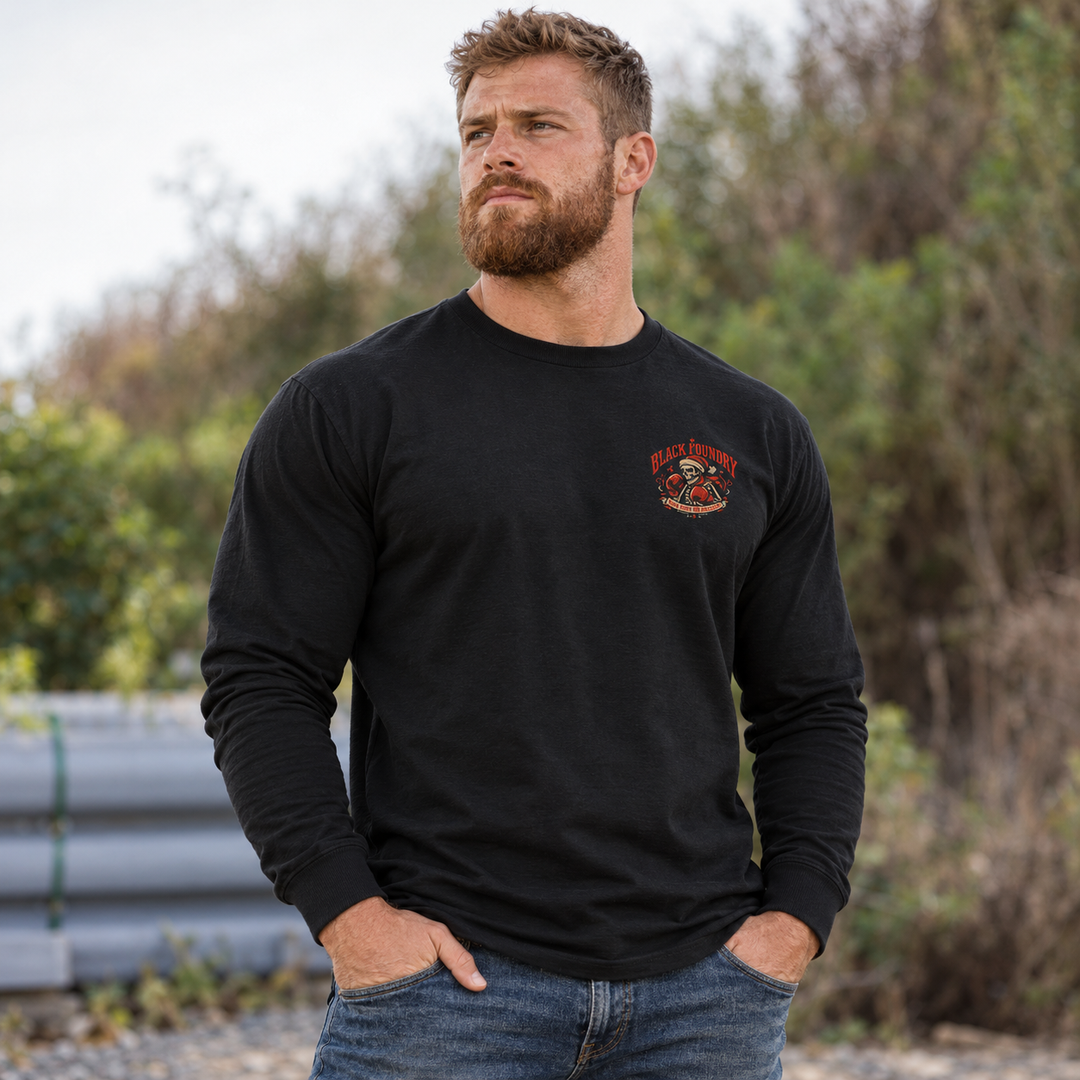 Roll With The Holiday Punches Long Sleeve Black front logo lifestyle creative