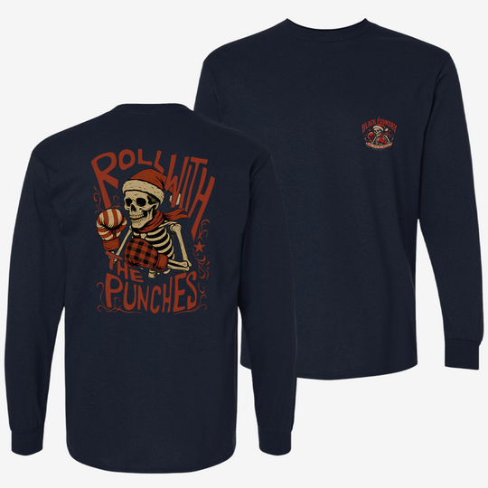 Roll With The Holiday Punches Long Sleeve Navy front and back mockup