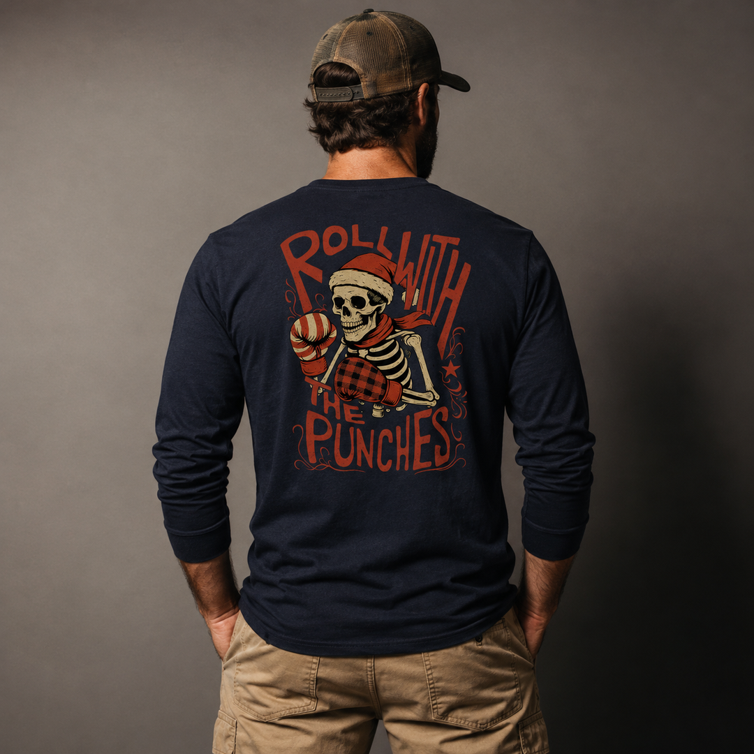 Roll With The Holiday Punches Long Sleeve Navy back design lifestyle creative