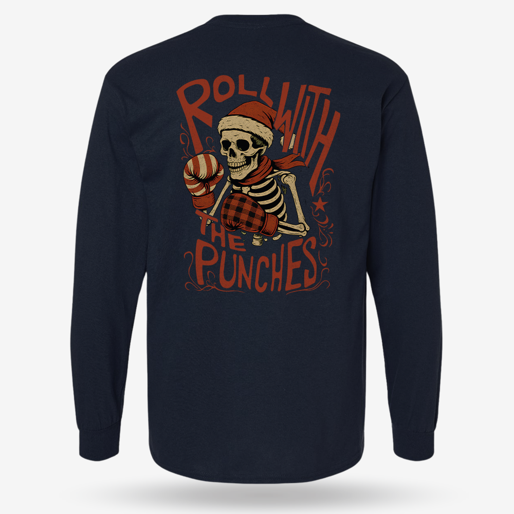 Roll With The Holiday Punches Long Sleeve Navy main printed design mockup