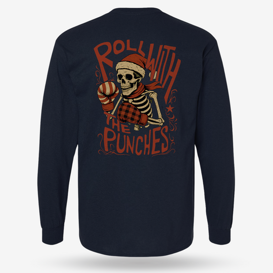 Roll With The Holiday Punches Long Sleeve Navy main printed design mockup