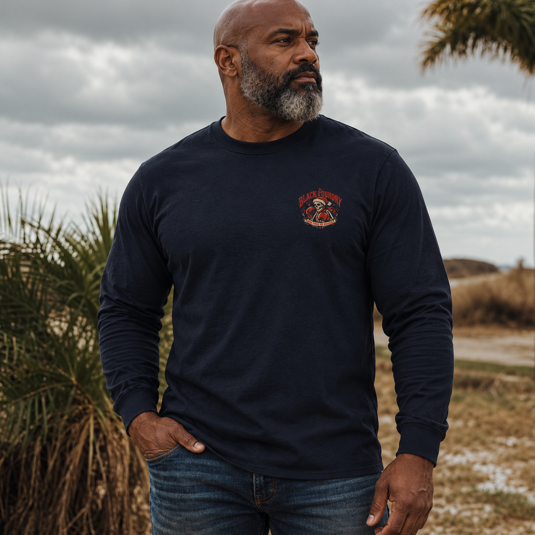 Roll With The Holiday Punches Long Sleeve Navy front logo lifestyle creative
