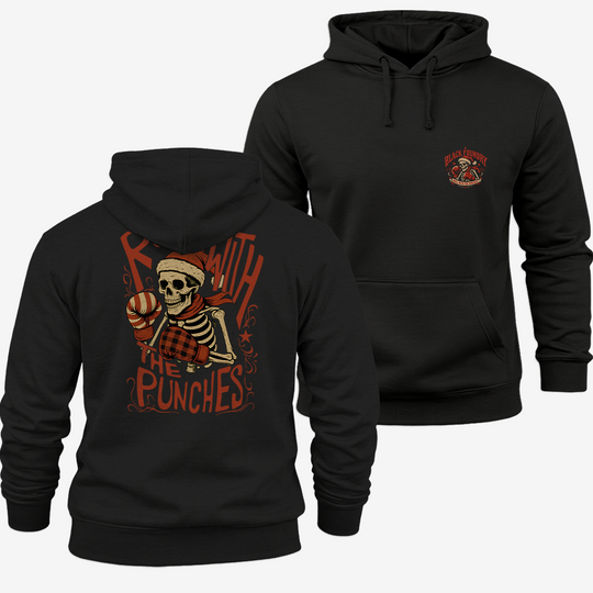 Roll With The Holiday Punches Hoodie Black front and back mockup