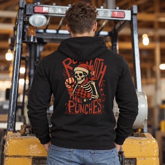 Roll With The Holiday Punches Hoodie Black back design lifestyle creative