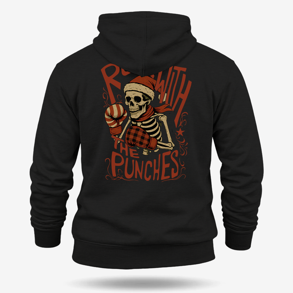 Roll With The Holiday Punches Hoodie Black main printed design mockup