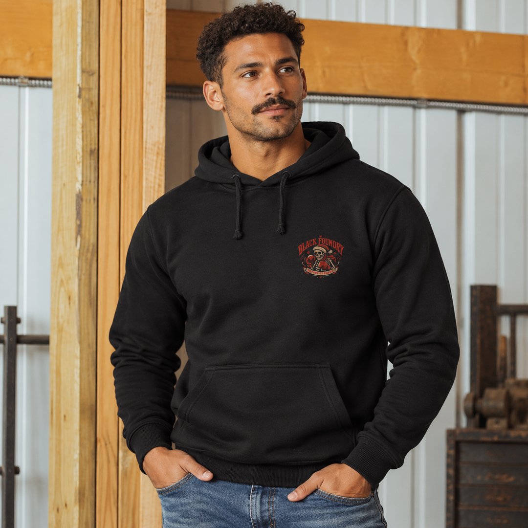 Roll With The Holiday Punches Hoodie Black front logo lifestyle creative