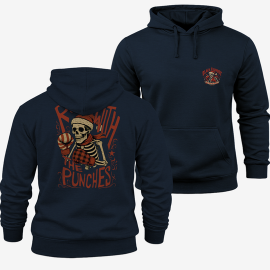 Roll With The Holiday Punches Hoodie Navy front and back mockup