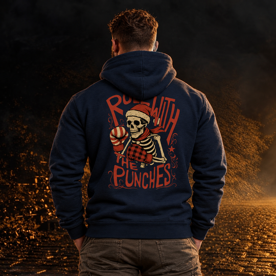 Roll With The Holiday Punches Hoodie Navy back design lifestyle creative
