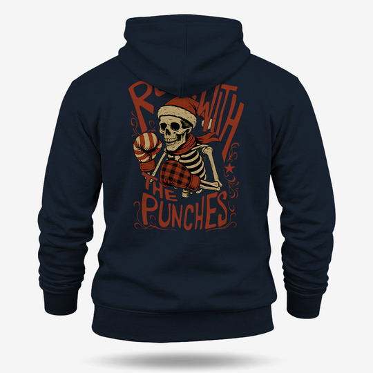 Roll With The Holiday Punches Hoodie Navy main printed design mockup