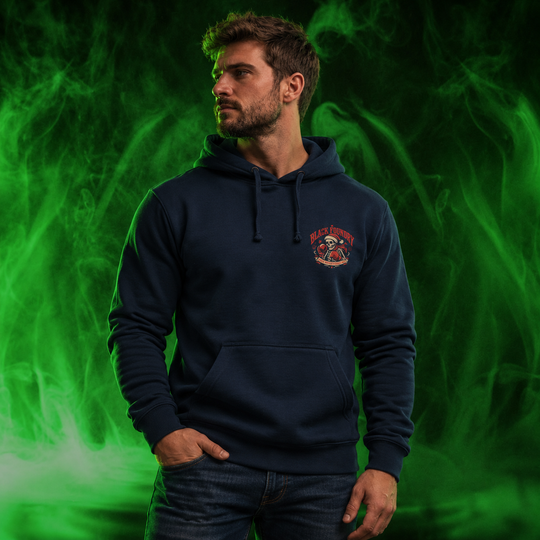 Roll With The Holiday Punches Hoodie Navy front logo lifestyle creative