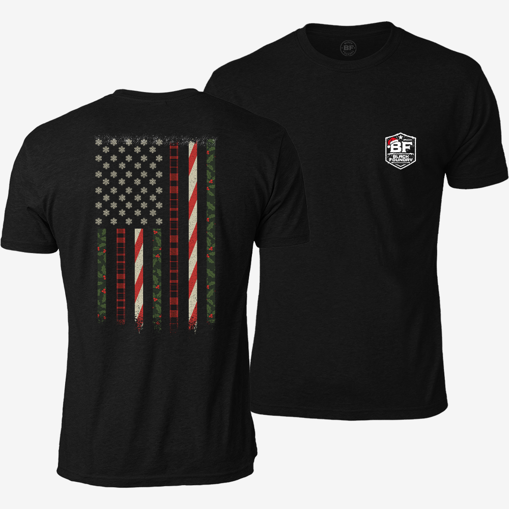Snowflake Flag T-shirt Black front and back mockup
