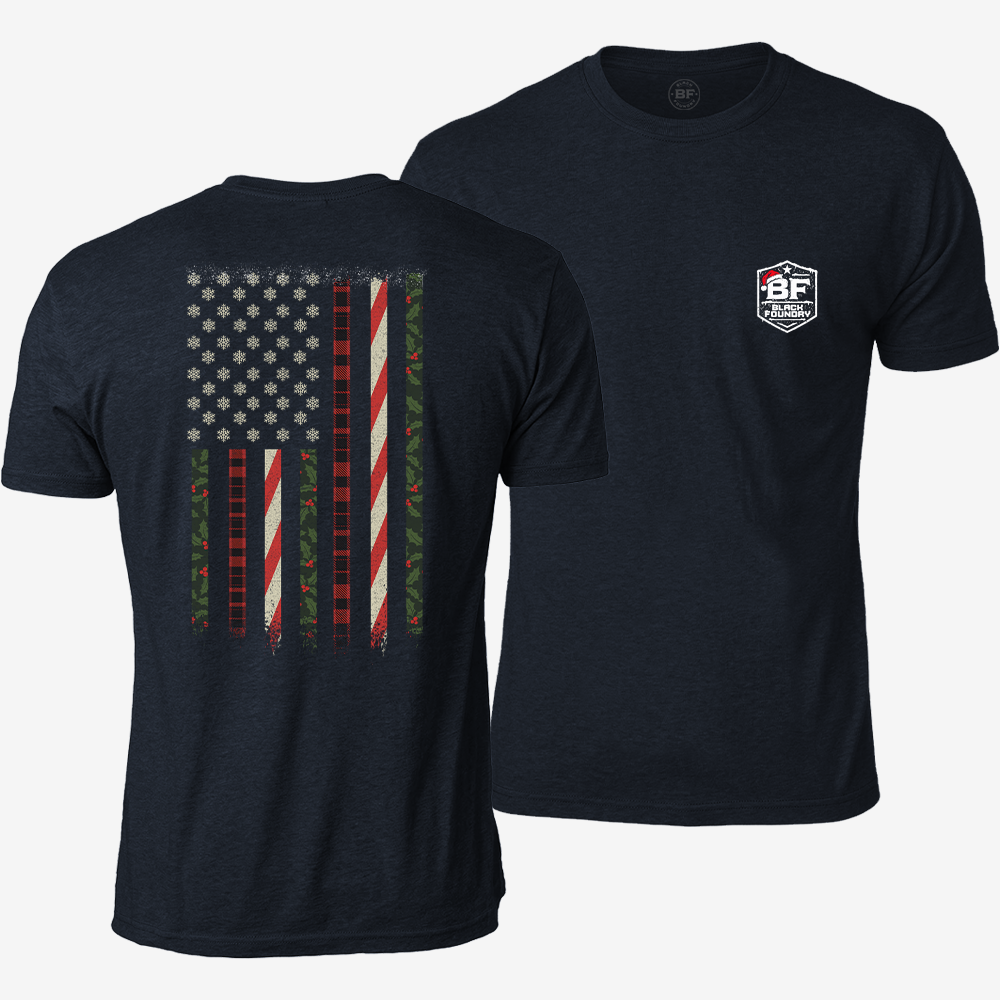 Snowflake Flag T-shirt Heather Navy front and back mockup