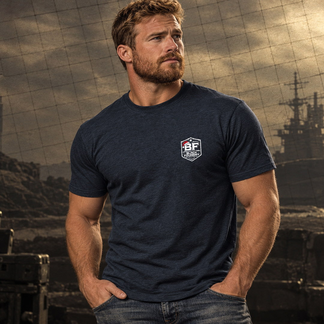 Snowflake Flag T-shirt Heather Navy front logo lifestyle creative